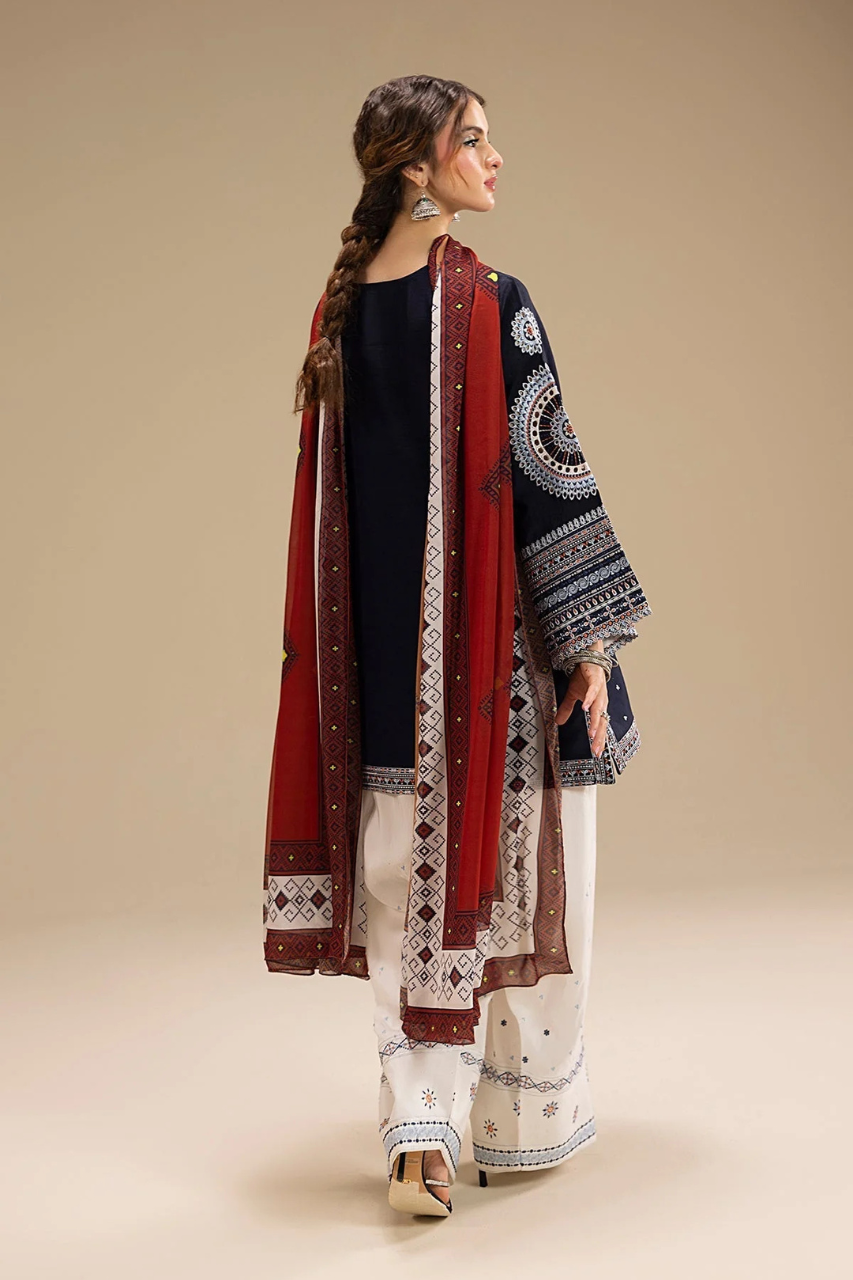 Shai Noor Rangrez 3 Piece embroidered shirt back with embroidered trouser and printed dupatta for women made in Pakistan