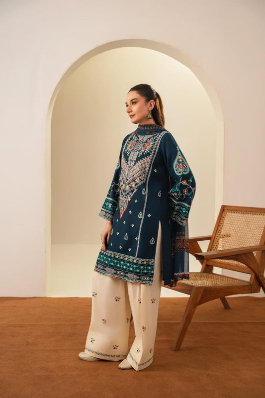 Teal Flora-3PC Embroidered lawn