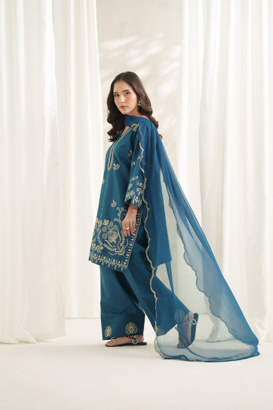 Teal Dynasty_3PC Embroidered lawn