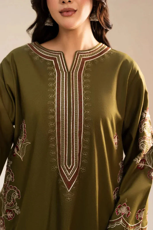 Humrahi 2 Piece Embroidered Shirt and Trouser for Women in Olive Green – Made in Pakistan | Shai Noor Brand