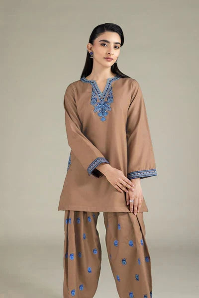 Shai Noor brown 2-piece embroidered lawn suit for women, casual summer collection, Pakistani dresses with intricate embroidery.