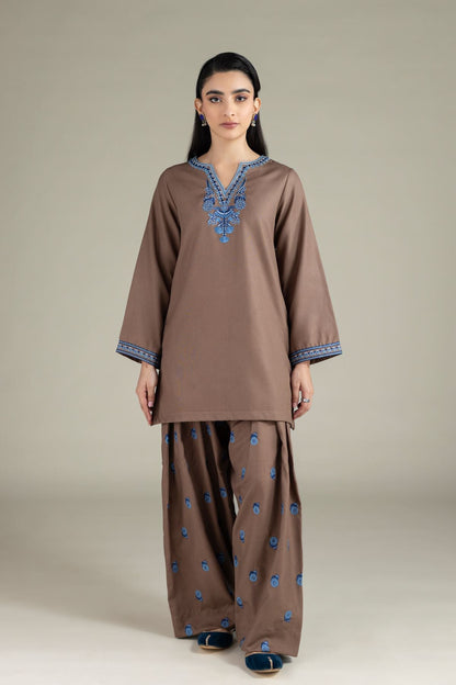 Shai Noor 2-piece embroidered brown lawn suit for women, casual summer Pakistani dress with intricate embroidery and lightweight fabric.