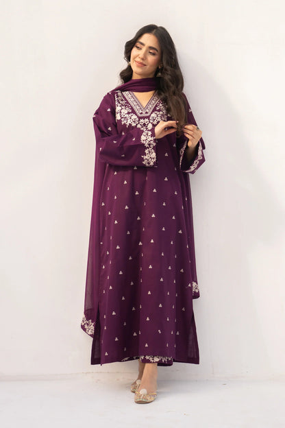 Shai Noor Amber 3-piece embroidered lawn suit for women, featuring intricate embroidery on the top, dupatta, and matching trousers.