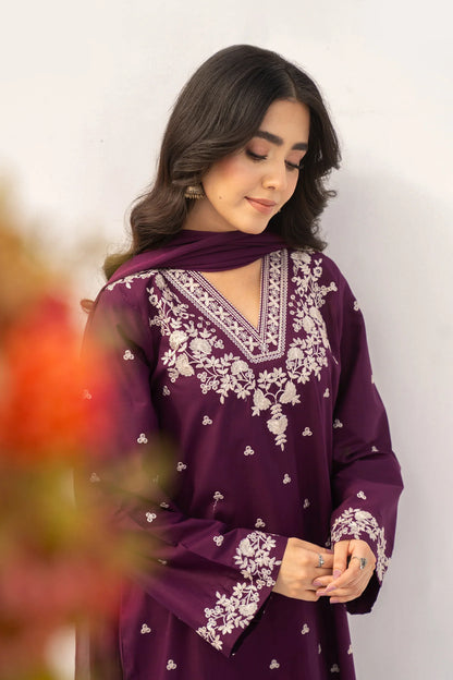 Shai Noor amber 3-piece embroidered lawn suit for women with intricate embroidery on top, pants, and dupatta, in soft pastel tones.
