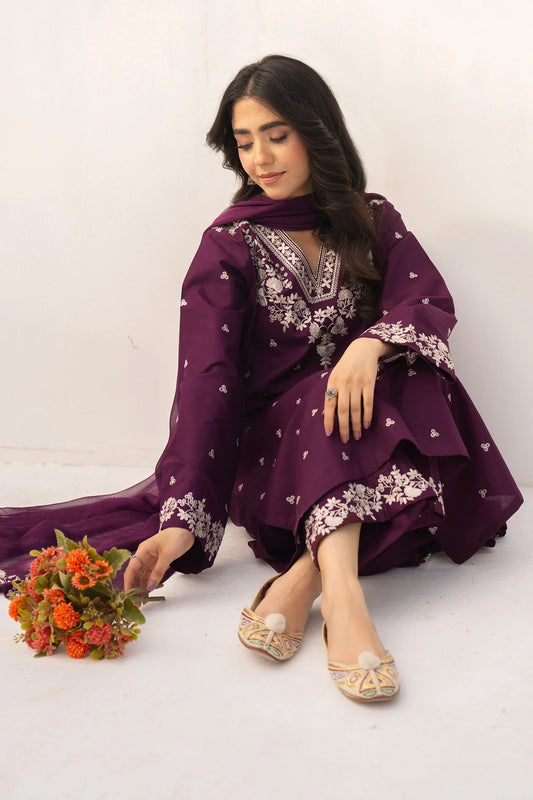 Shai Noor Amber 3-piece embroidered lawn suit for women, featuring a detailed embroidered top, matching trousers, and dupatta.