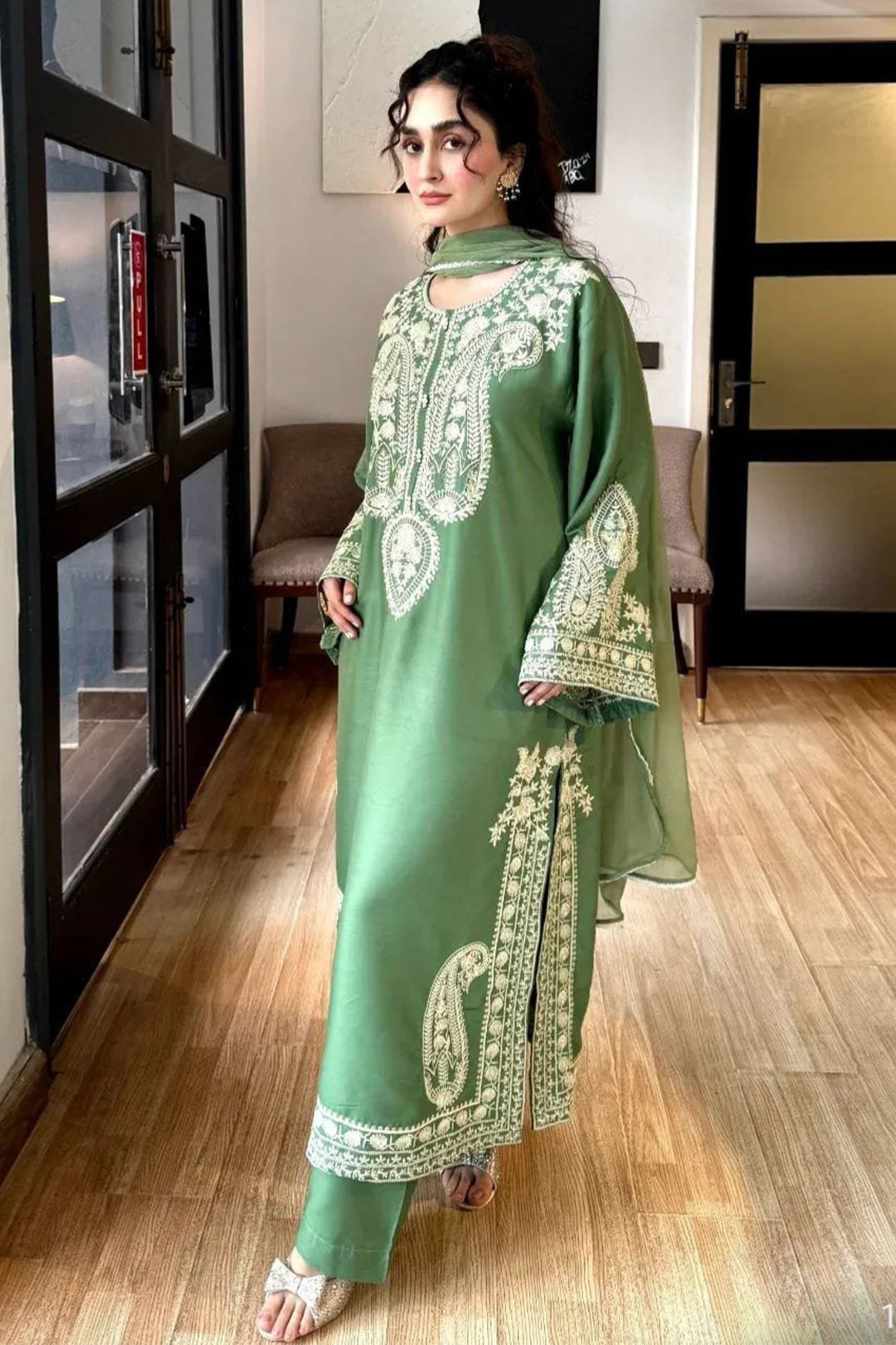 MARINA - 3PC Lawn Embroidered Shirt with Chiffon Embroidered Dupatta and Trouser