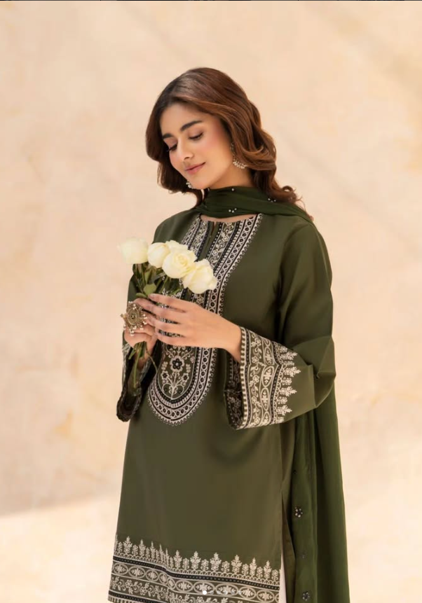 Shai Noor Pista 3 Piece full outfit with embroidered shirt, embroidered trouser and chiffon dupatta