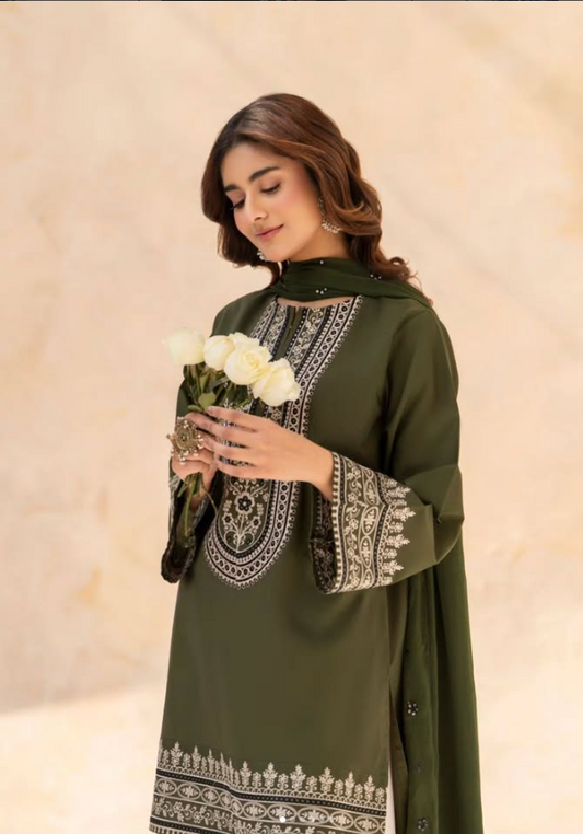 Shai Noor Pista 3 Piece full outfit with embroidered shirt, embroidered trouser and chiffon dupatta