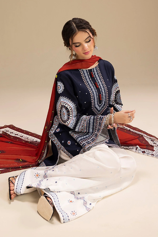Shai Noor Rangrez 3 Piece embroidered shirt front with embroidered trouser and printed dupatta for women made in Pakistan