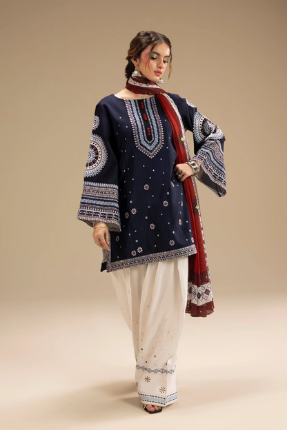 Shai Noor Rangrez 3 Piece embroidered shirt front with embroidered trouser and printed dupatta for women made in Pakistan