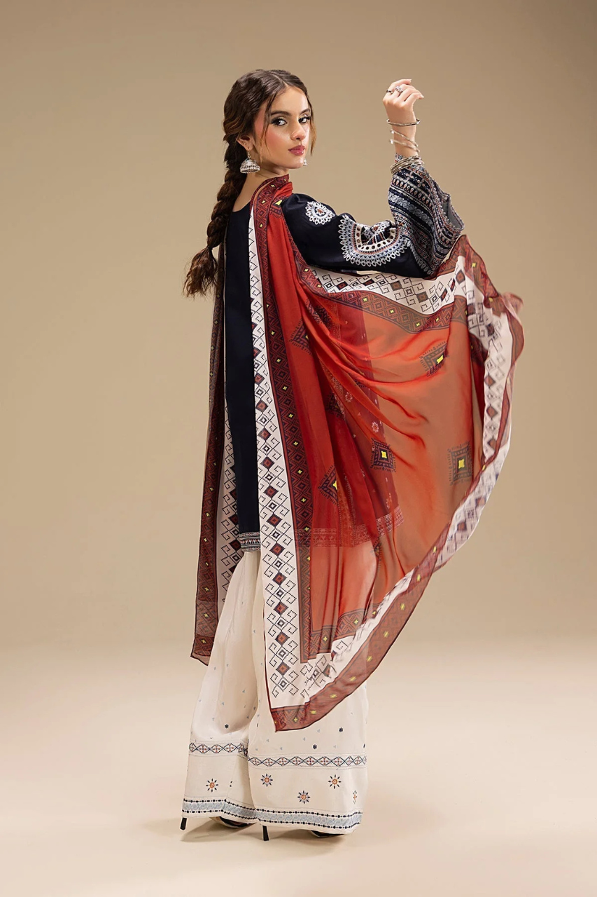 Shai Noor Rangrez 3 Piece embroidered shirt back with embroidered trouser and printed dupatta for women made in Pakistan