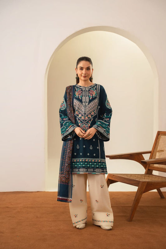 Teal Flora-3PC Embroidered lawn