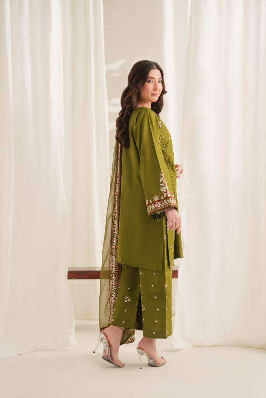 Gulnaz Olive-3PC Embroidered lawn