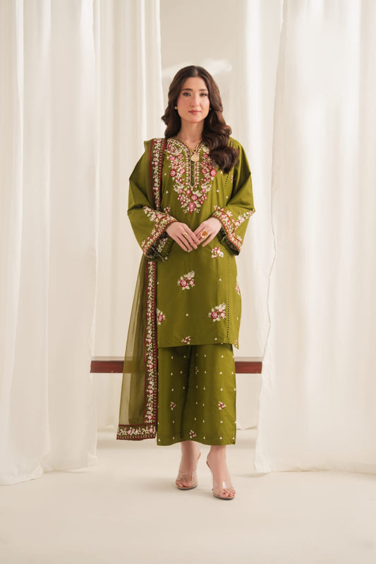 Gulnaz Olive-3PC Embroidered lawn
