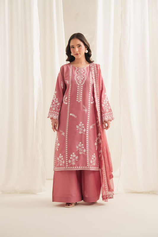 Rose velvet-3PC Embroidered lawn