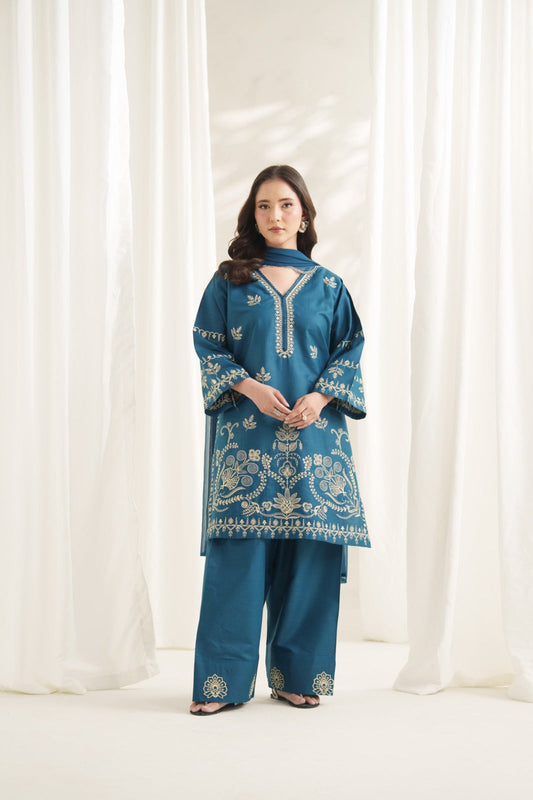 Teal Dynasty_3PC Embroidered lawn