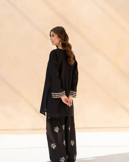 Black Sajal 2 Piece Embroidered Shirt and Farshi Shalwar Back View by Shai Noor