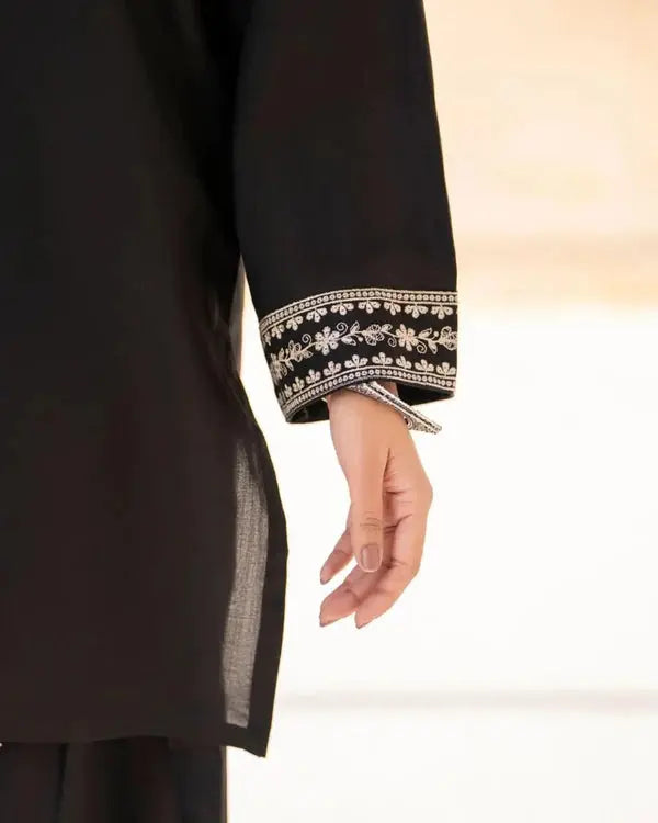 Black Sajal Embroidered Sleeve Detail on 2 Piece Shirt by Shai Noor