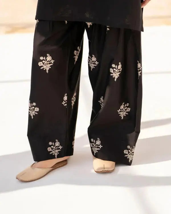 Black Sajal Embroidered Farshi Shalwar Detail by Shai Noor Pakistan