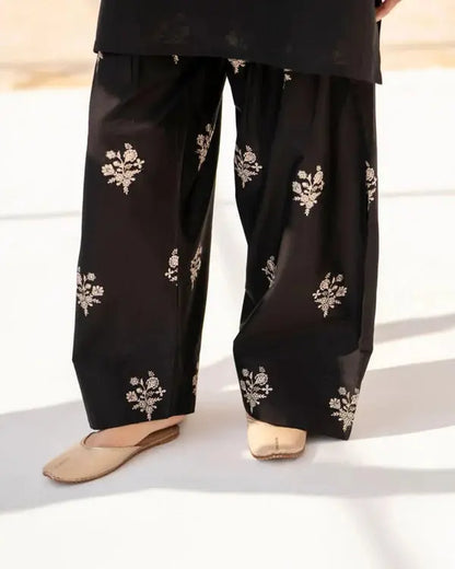 Black Sajal Embroidered Farshi Shalwar Detail by Shai Noor Pakistan