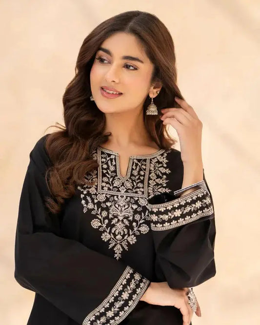 Black Sajal Embroidered Neck Detail on 2 Piece Shirt by Shai Noor Pakistan