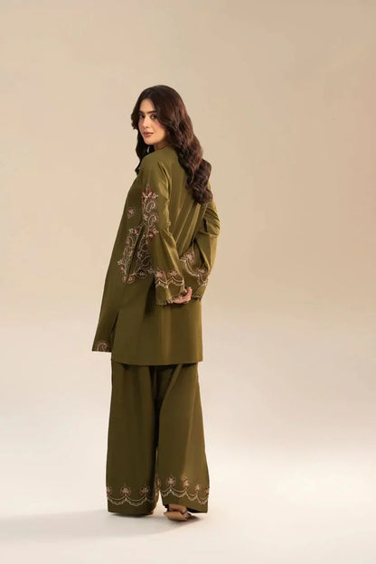 Humrahi 2 Piece Embroidered Lawn Suit for Women by Shai Noor – Embroidered Shirt & Trouser, Olive Green, Made in Pakistan