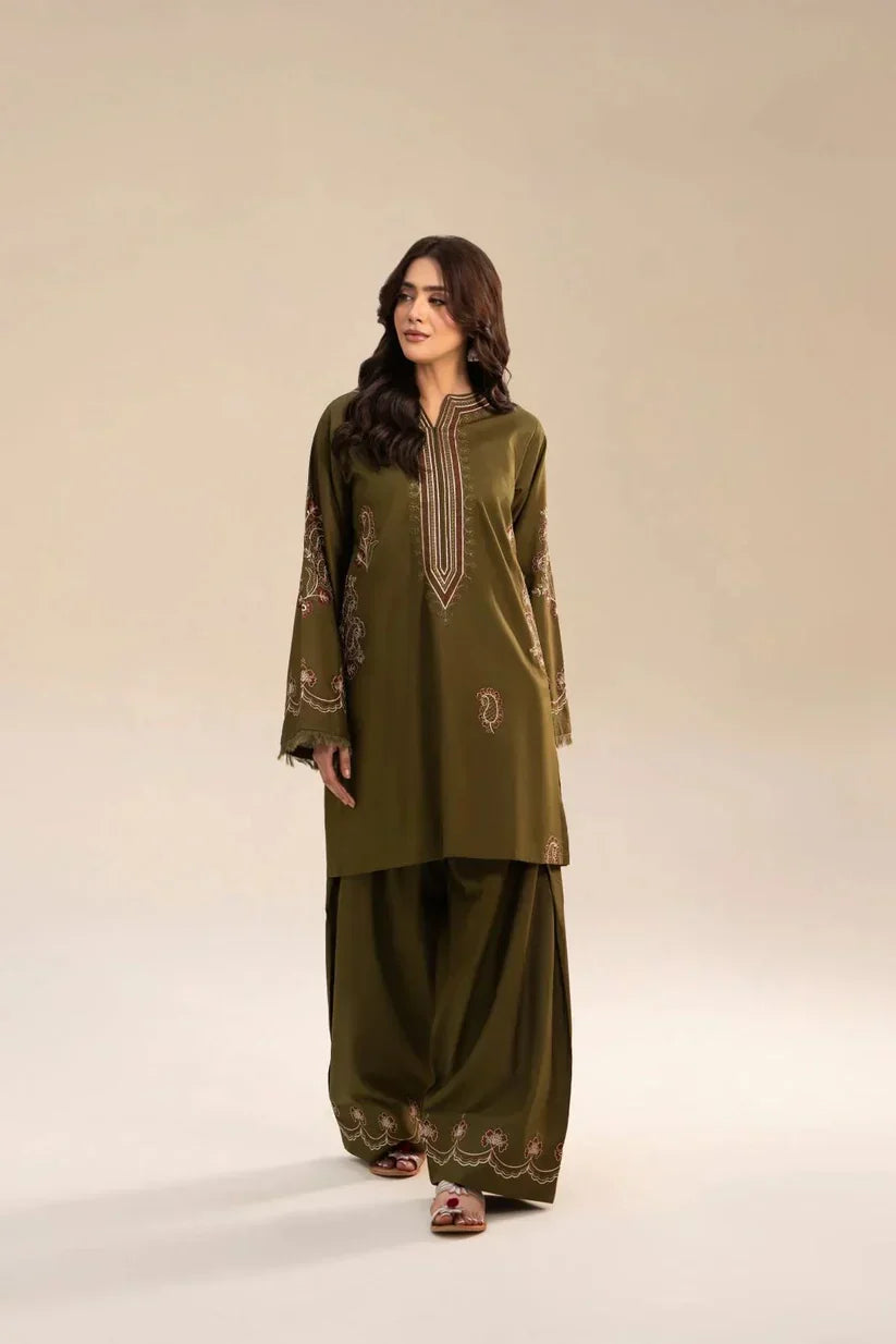 Humrahi 2 Piece Embroidered Lawn Suit for Women by Shai Noor – Embroidered Shirt & Trouser, Olive Green, Made in Pakistan