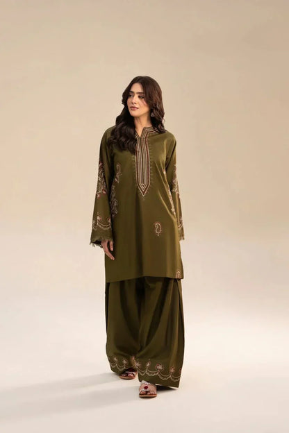 Humrahi 2 Piece Embroidered Lawn Suit for Women by Shai Noor – Embroidered Shirt & Trouser, Olive Green, Made in Pakistan