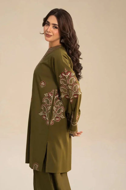 Humrahi 2 Piece Embroidered Lawn Suit for Women by Shai Noor – Embroidered Shirt & Trouser, Olive Green, Made in Pakistan