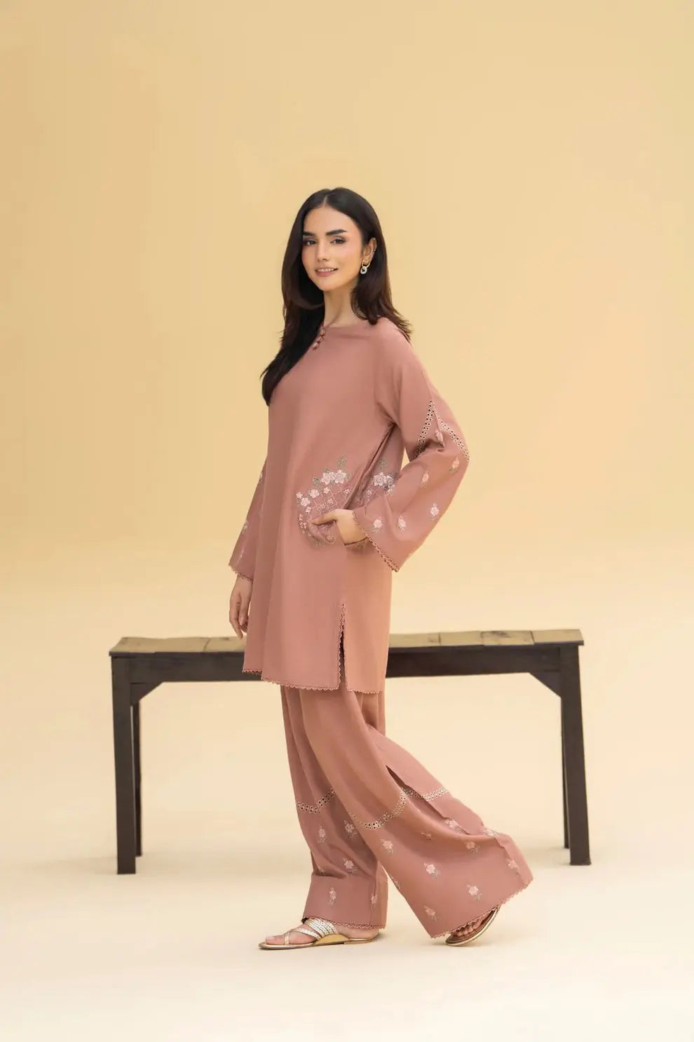 Huria 2 Piece Embroidered Shirt and Trouser Side View by Shai Noor