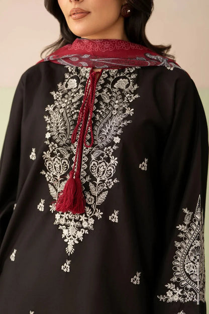 Shai Noor Gul e Siyah 3-piece embroidered lawn suit for women, featuring detailed embroidery on black fabric with matching dupatta and trousers.