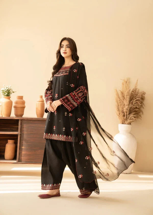 Shai Noor embroidered lawn suit for women, 3-piece set with intricate embroidery, made in Pakistan, featuring vibrant fabric and detailed design.