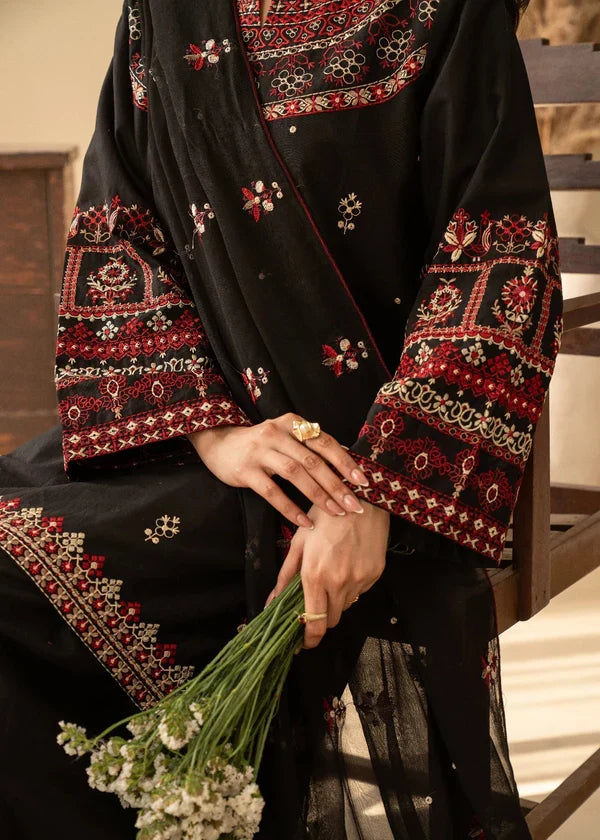 Shai Noor 3-piece embroidered lawn suit for women featuring intricate embroidery on a traditional Pakistani outfit.