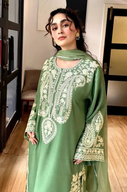 MARINA - 3PC Lawn Embroidered Shirt with Chiffon Embroidered Dupatta and Trouser